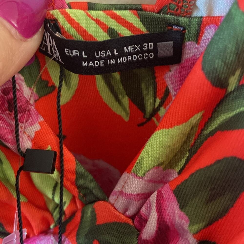 New Zara Orange Pink Roses Tropical Floral V- Neck Open back Bodysuit suit Small - Picture 4 of 7